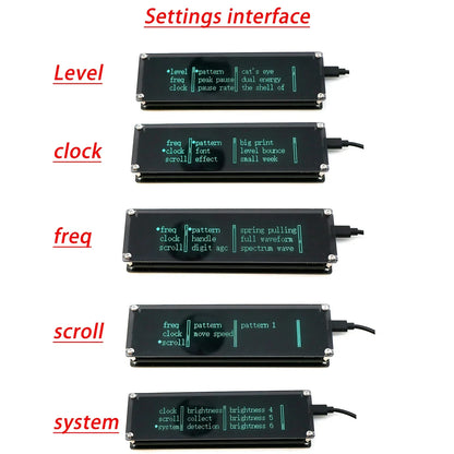 Black rectangular oled display modules with green text and silver screws showing settings interface for music spectrum vfd clock
