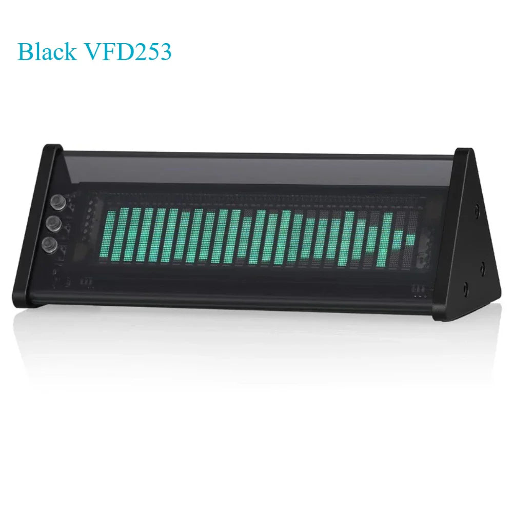 Black vfd253 clock music spectrum display with glowing green led bars for audio switcher desktop sound level meter