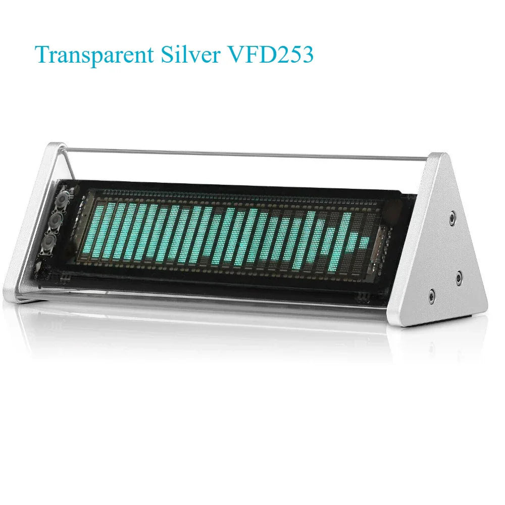 Transparent silver vfd253 clock music spectrum display with a sleek triangular metallic frame and glowing teal led bars