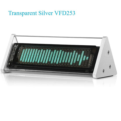 Transparent silver vfd253 clock music spectrum display with a sleek triangular metallic frame and glowing teal led bars
