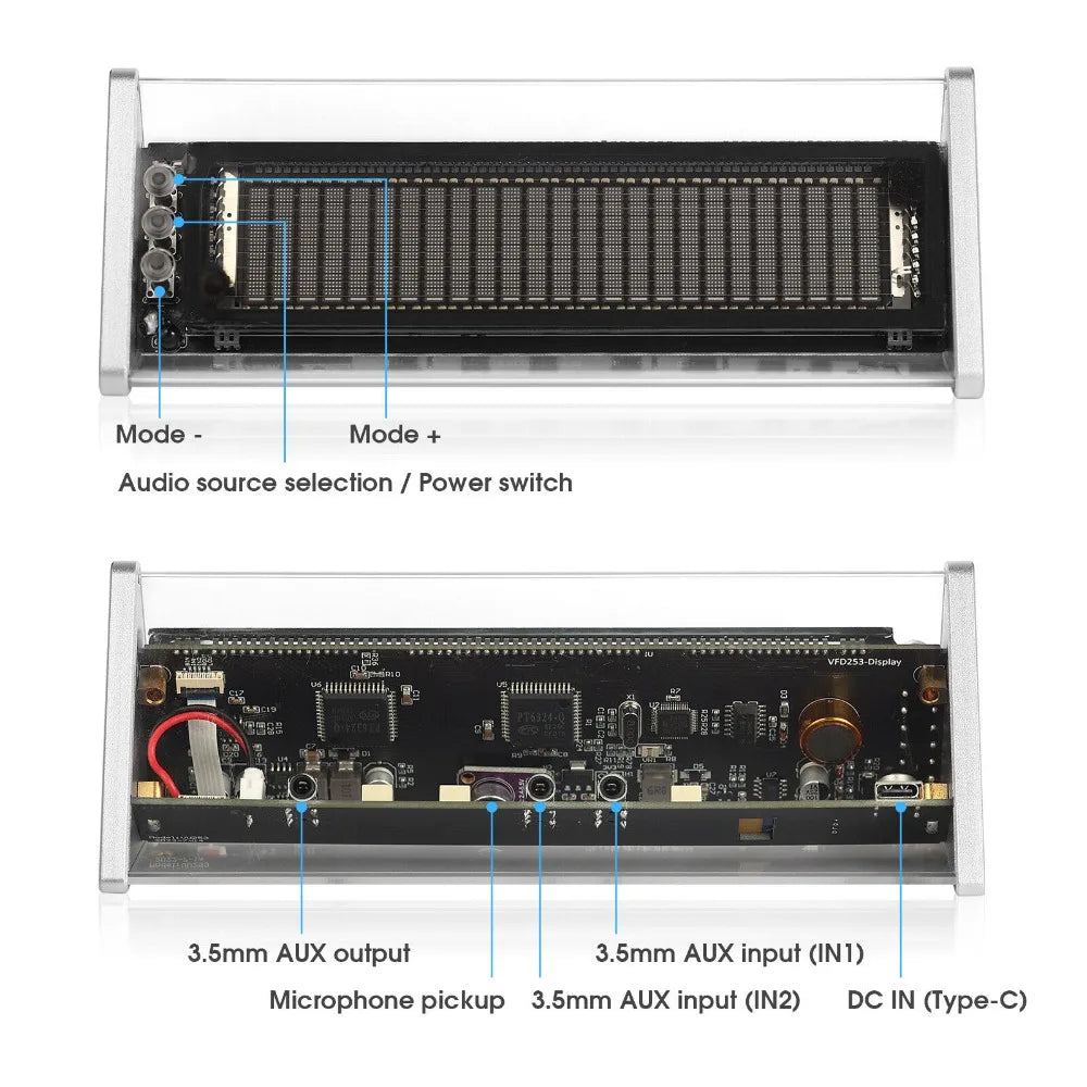 Silver-framed vfd253 clock music audio switcher desktop showing black circuit board with ports and mode switches
