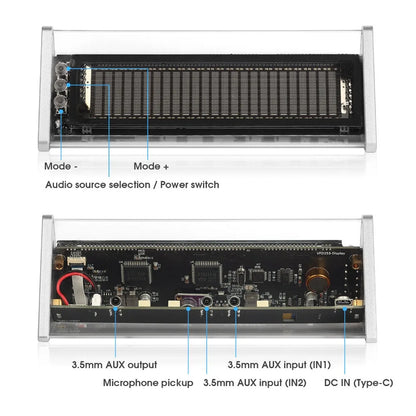 Silver-framed vfd253 clock music audio switcher desktop showing black circuit board with ports and mode switches