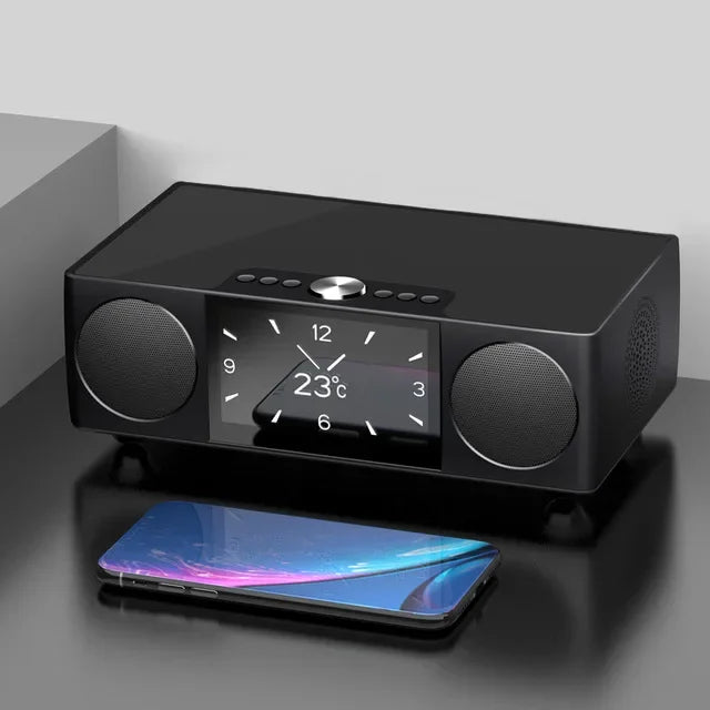 Black rectangular video bluetooth speaker with radio led display, usb tf alarm, digital clock, temperature, and dual speakers