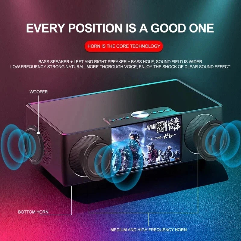 Black rectangular video bluetooth speaker with central touchscreen, usb tf alarm, radio led display, and multiple speaker components