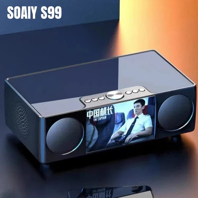 Black soaiy s99 video bluetooth speaker with built-in screen showing the captain movie poster usb tf alarm radio led display
