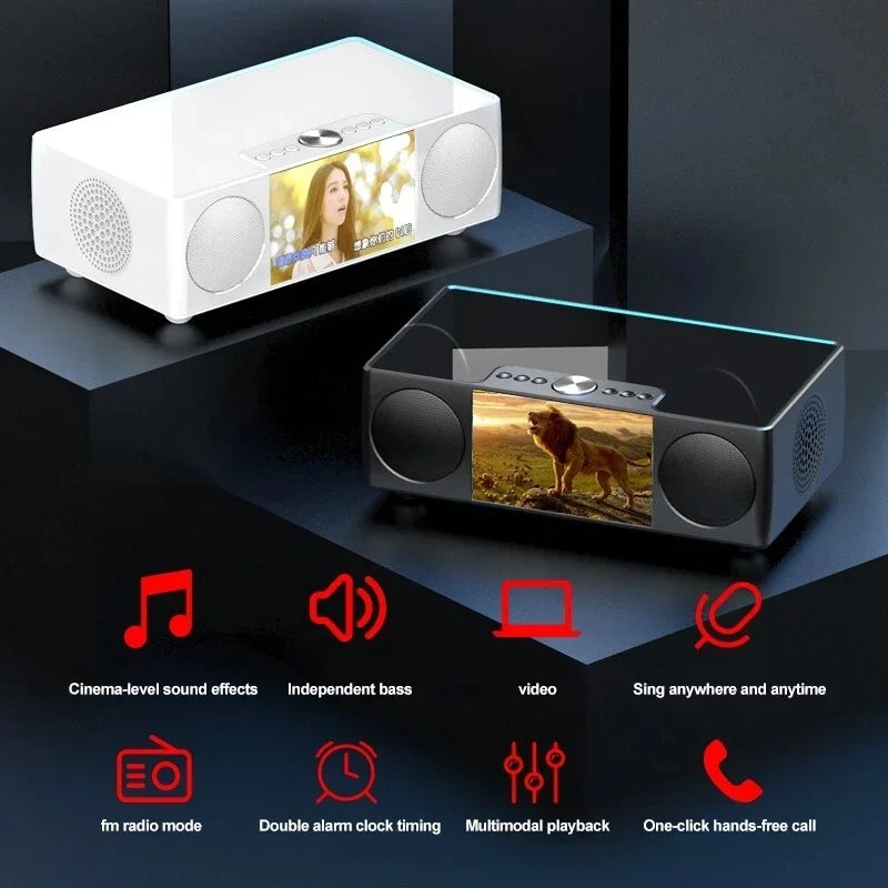 White and black rectangular video bluetooth speaker with built-in screens usb tf alarm radio led display and 8000 mah battery