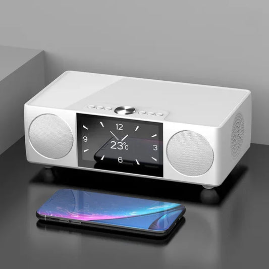 White rectangular video bluetooth speaker with usb tf alarm clock radio led display showing time and temperature