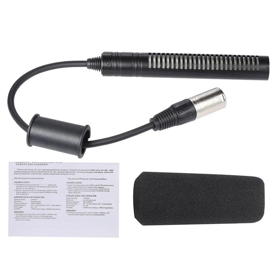 Black condenser microphone with ribbed grille silver xlr connector and foam windscreen for video recording interview use