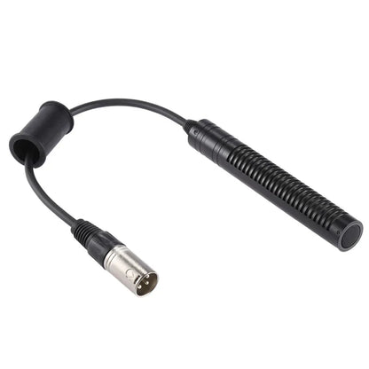 Black xlr video recording microphone cable with ribbed cylindrical mic head and 3.5mm jack for interview stereo condenser use