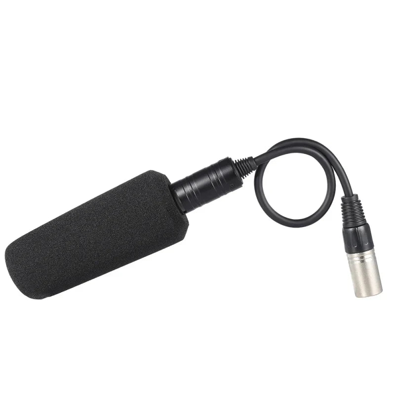 Black foam windscreen video recording microphone with coiled cable and xlr connector for interview stereo condenser use