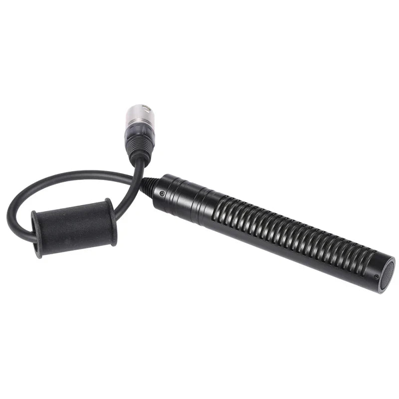Black ribbed video recording microphone with coiled cable xlr interface for recording microphone interview use