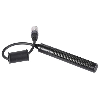 Black ribbed video recording microphone with coiled cable and xlr connector for interview stereo condenser use