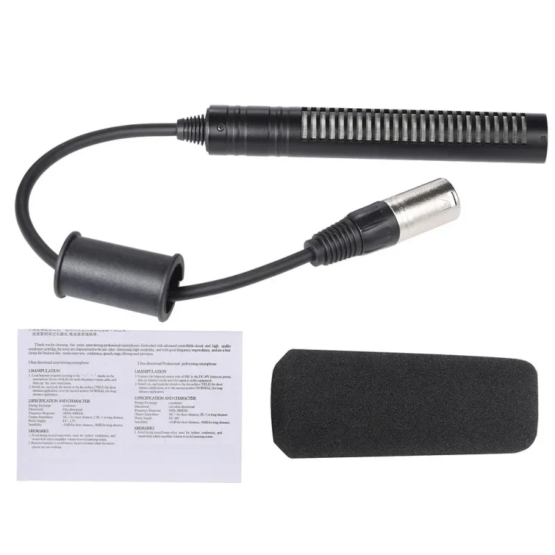 Black video recording microphone with ribbed grille xlr connector and foam windscreen for interview stereo condenser use