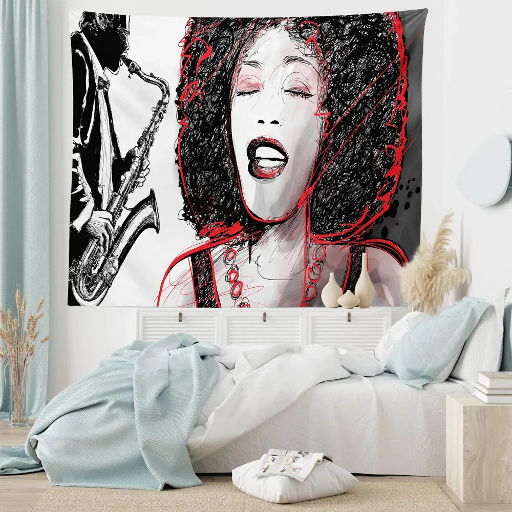 Vikama jazz singer art tapestry in red and black featuring hand-drawn vocalist and saxophonist for bedroom music studio decor
