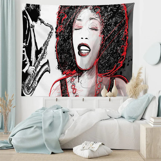 Vikama jazz singer art tapestry in red and black featuring hand-drawn vocalist and saxophonist for bedroom music studio decor