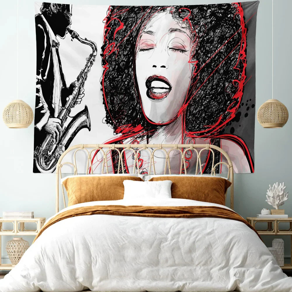 Vikama jazz singer art tapestry featuring a vibrant black and red vocalist print for bedroom music studio decor