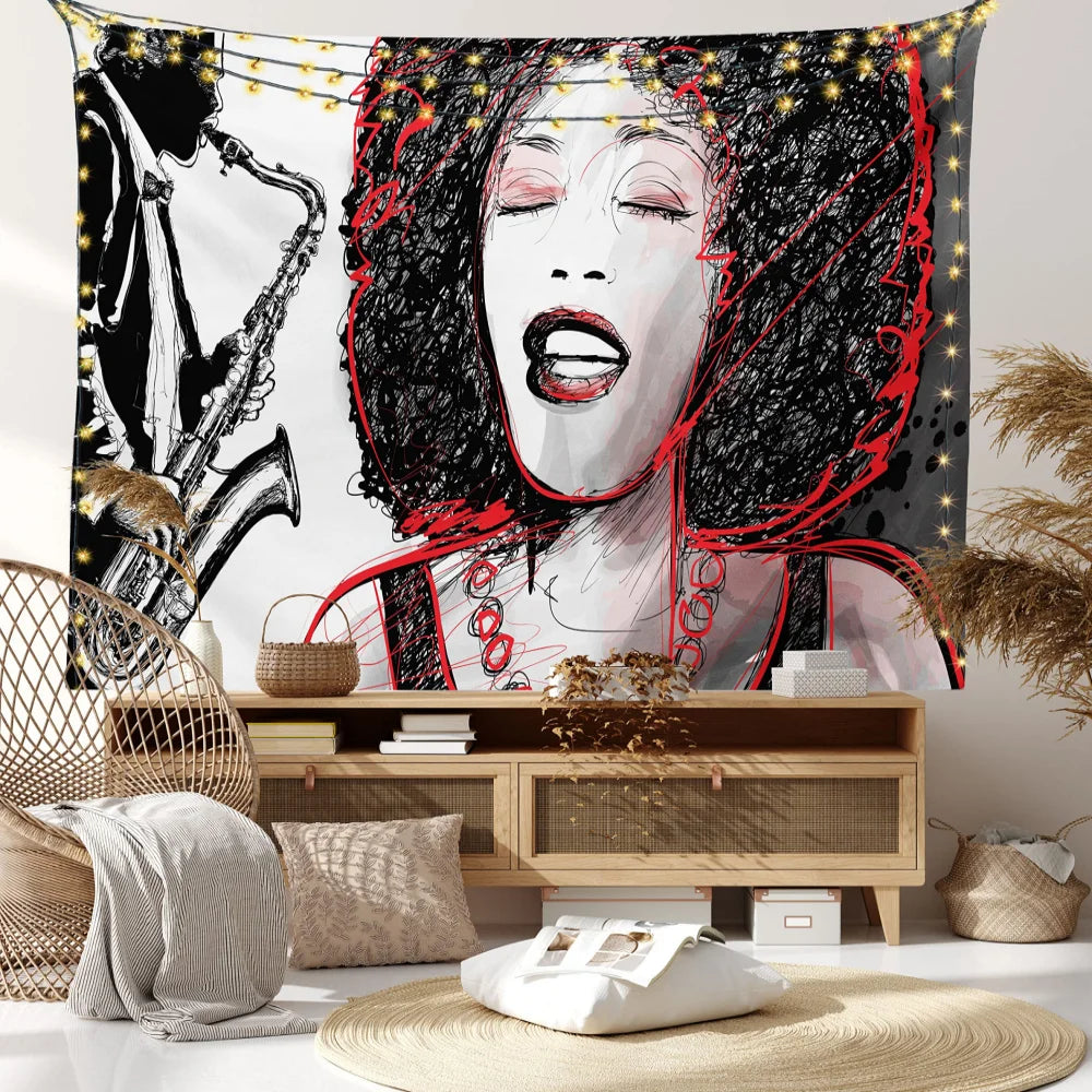Vikama jazz singer art tapestry in red and black featuring a hand-drawn vocalist print with string lights for bedroom music studio decor