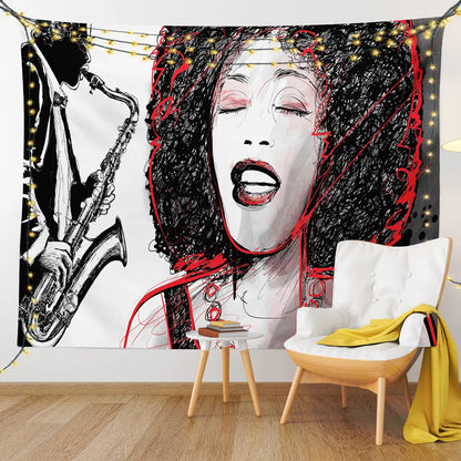 Vikama jazz singer singer art tapestry in red black hand-drawn style hanging above white chair for bedroom music studio decor
