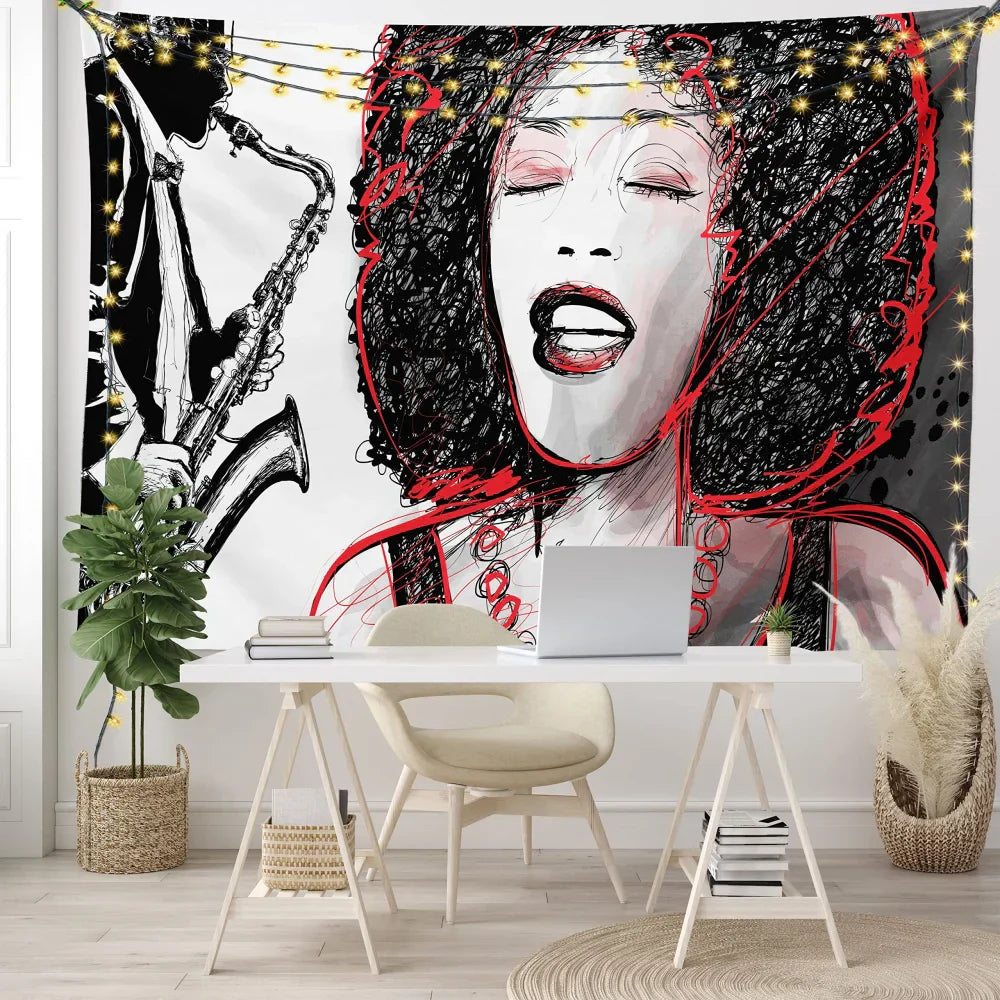 A vikama jazz singer art tapestry in red and black hand-drawn style featuring a vocalist and saxophonist for bedroom music studio decor
