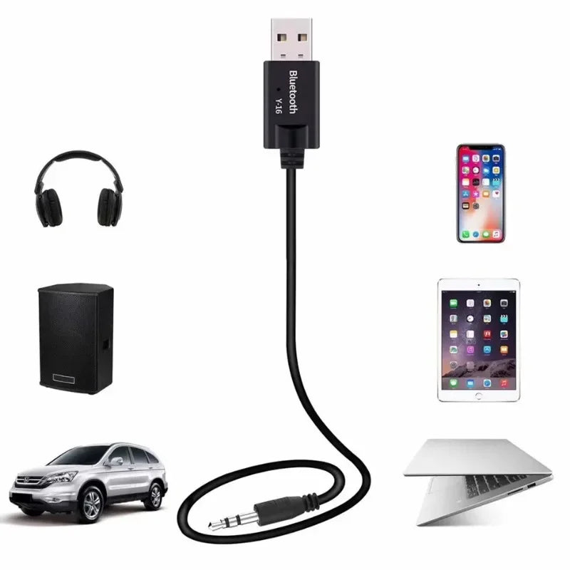 Black VIKEFON bluetooth 5.0 usb audio receiver dongle with 3.5mm aux jack wireless music adapter cable for cars