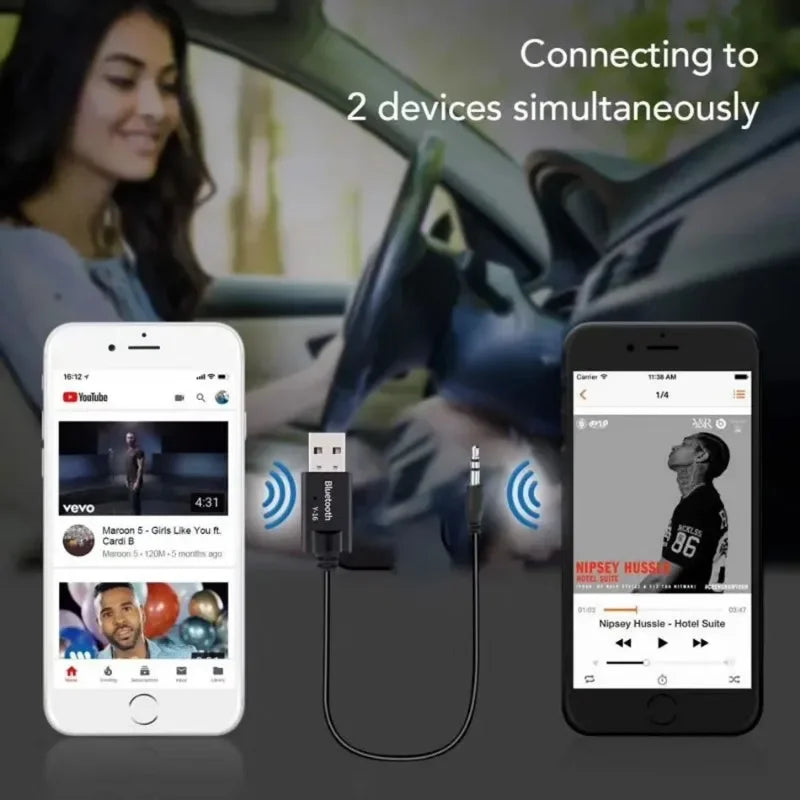 Black VIKEFON Bluetooth 5.0 USB receiver dongle with 3.5mm aux jack wireless car music adapter cable for dual connection