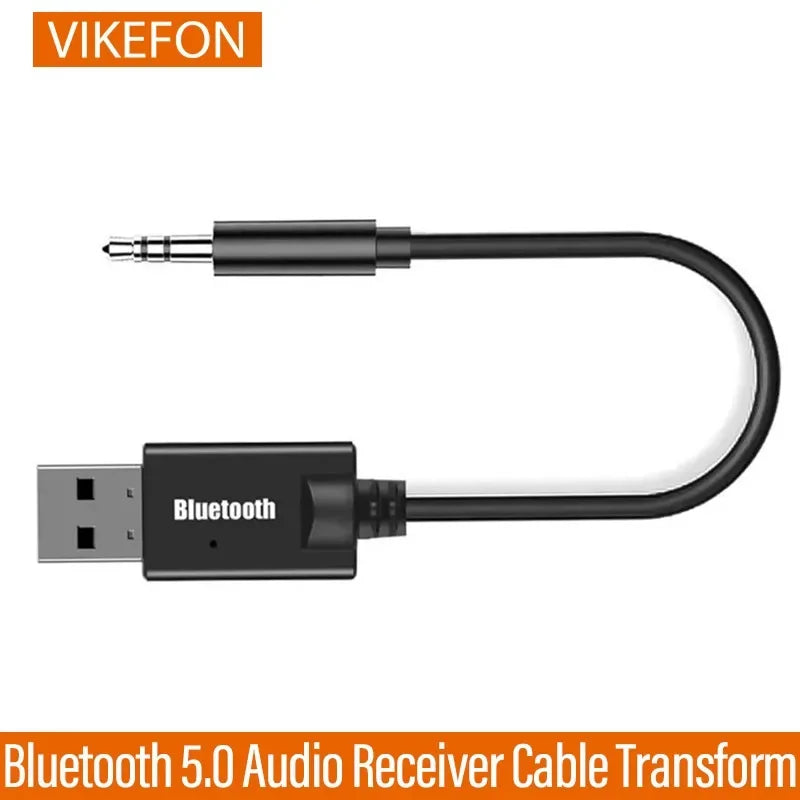 Black Vikefon Bluetooth 5.0 audio receiver cable with USB-A and 3.5mm aux jack wireless car music adapter cable