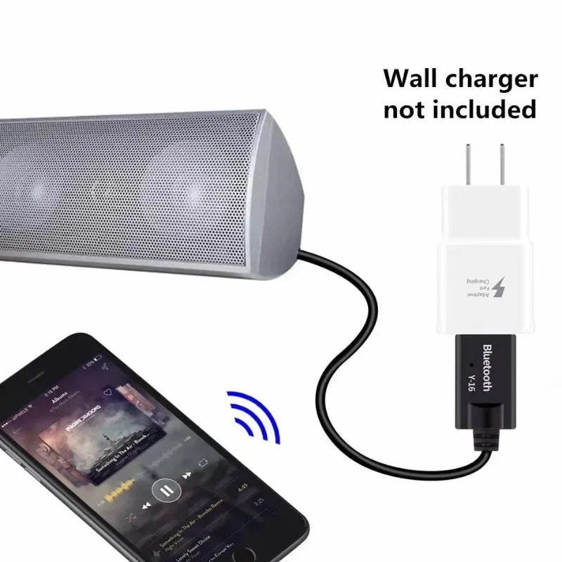 Silver mesh speaker with black cable connected to iphone via VIKEFON Bluetooth 5.0 aux jack wireless music adapter cable