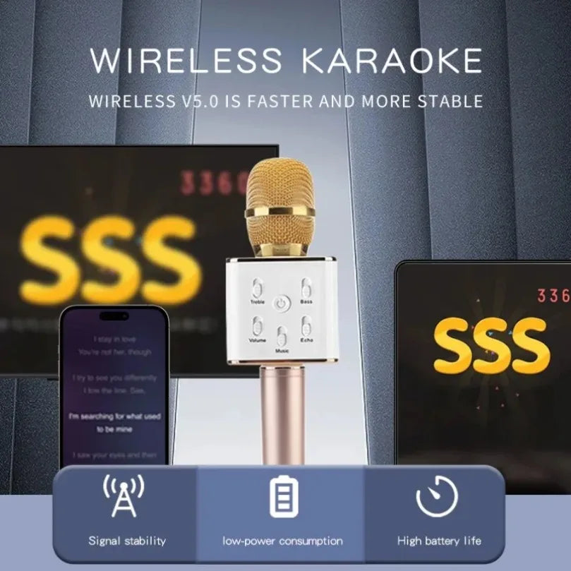 Gold-colored wireless vikefon k20 karaoke microphone with white control panel magic sound led for portable singing machine