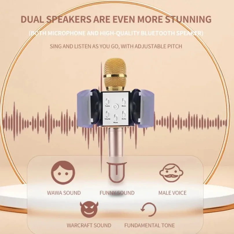 Gold-colored vikefon k20 karaoke microphone with bluetooth speakers and magic sound led for portable singing machine use
