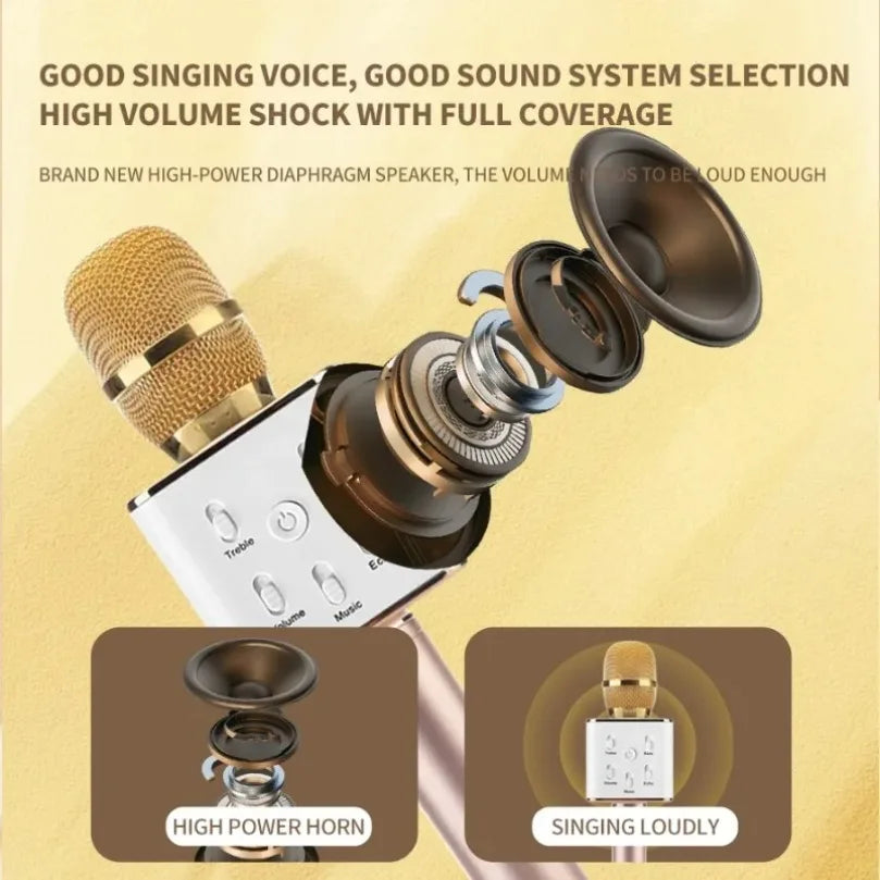 Gold and white vikefon k20 karaoke microphone with mesh grille, magic sound led, and portable singing machine features
