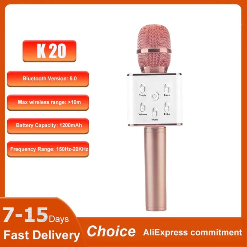 Rose gold vikefon k20 karaoke wireless bluetooth microphone with mesh grille magic sound led for portable singing machine