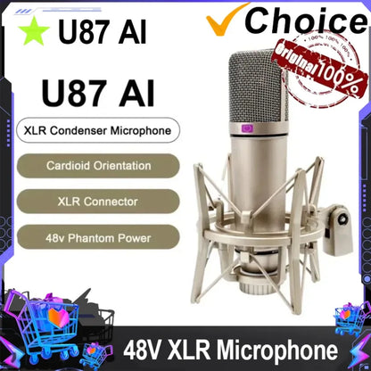 Silver u87 ai xlr condenser microphone with mesh grille and shock mount in vikefon professional podcast live soundcard equipment bundle with 48v xlr microphone