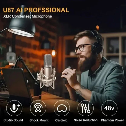 Silver u87 ai professional xlr condenser microphone with mesh grille and shock mount in vikefon professional podcast live soundcard equipment bundle with 48v xlr microphone for pc recording singing streaming gaming