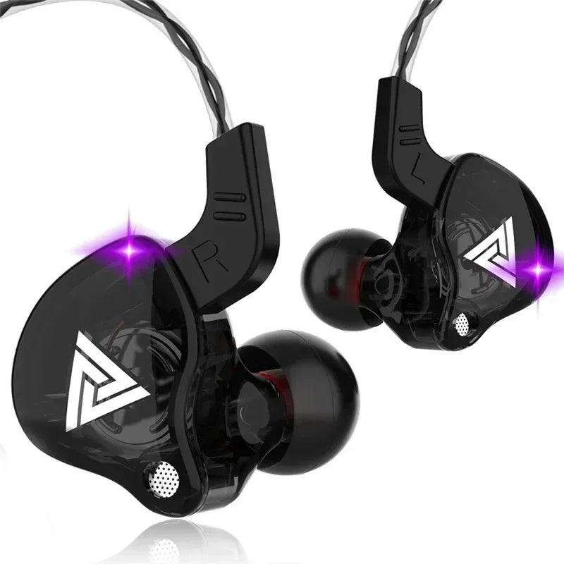 Black vikefon qkz ak6 in-ear monitors with glossy finish, white logos, purple led lights, dynamic driver unit mic stereo sports earbuds