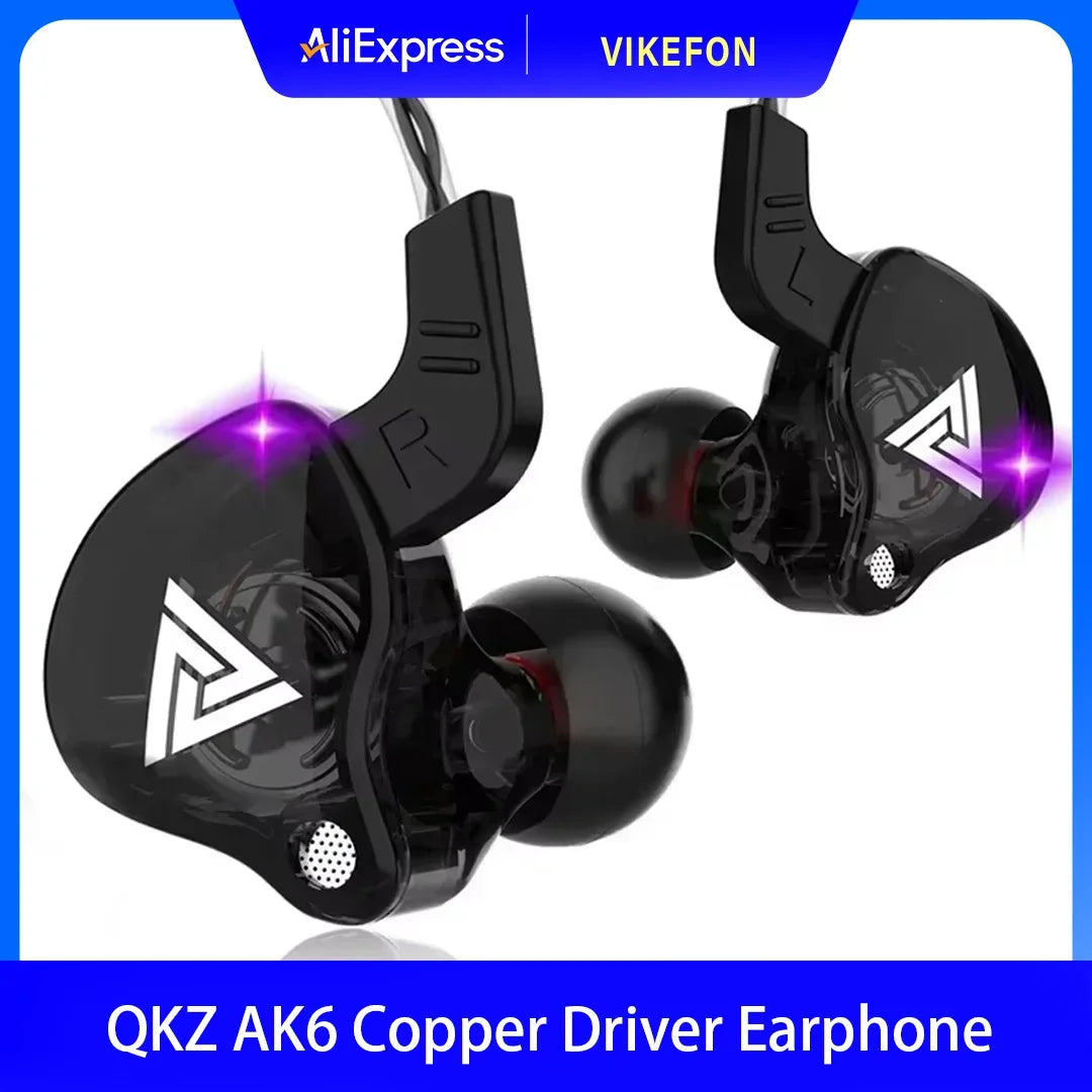 Black vikefon qkz ak6 in-ear earphones with glossy finish and white logo featuring dynamic driver unit and mic stereo sports
