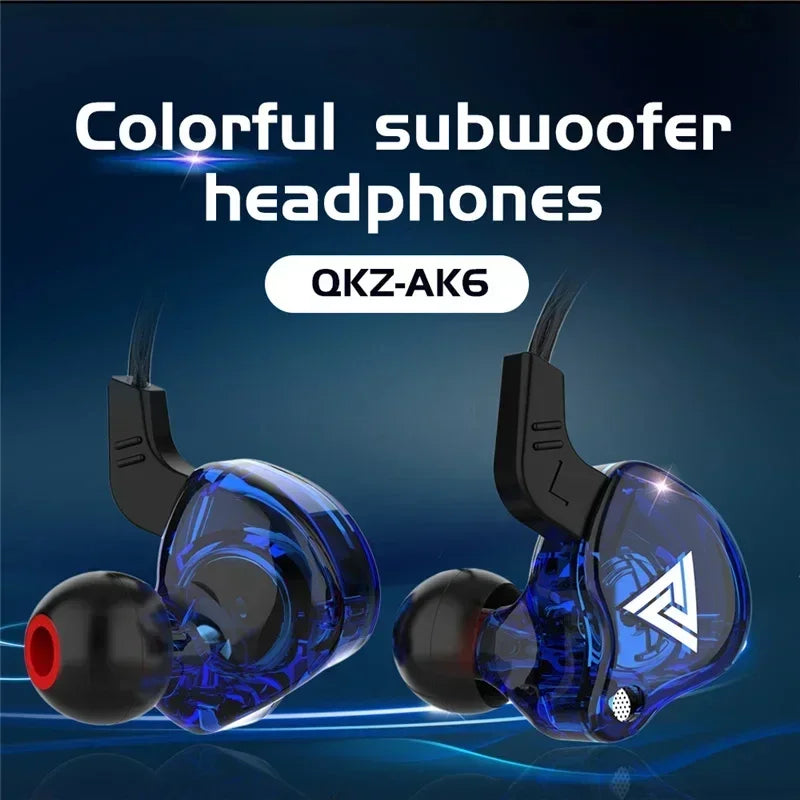 Blue transparent vikefon qkz ak6 in ear headphones with black ear tips dynamic driver unit and mic stereo sports design