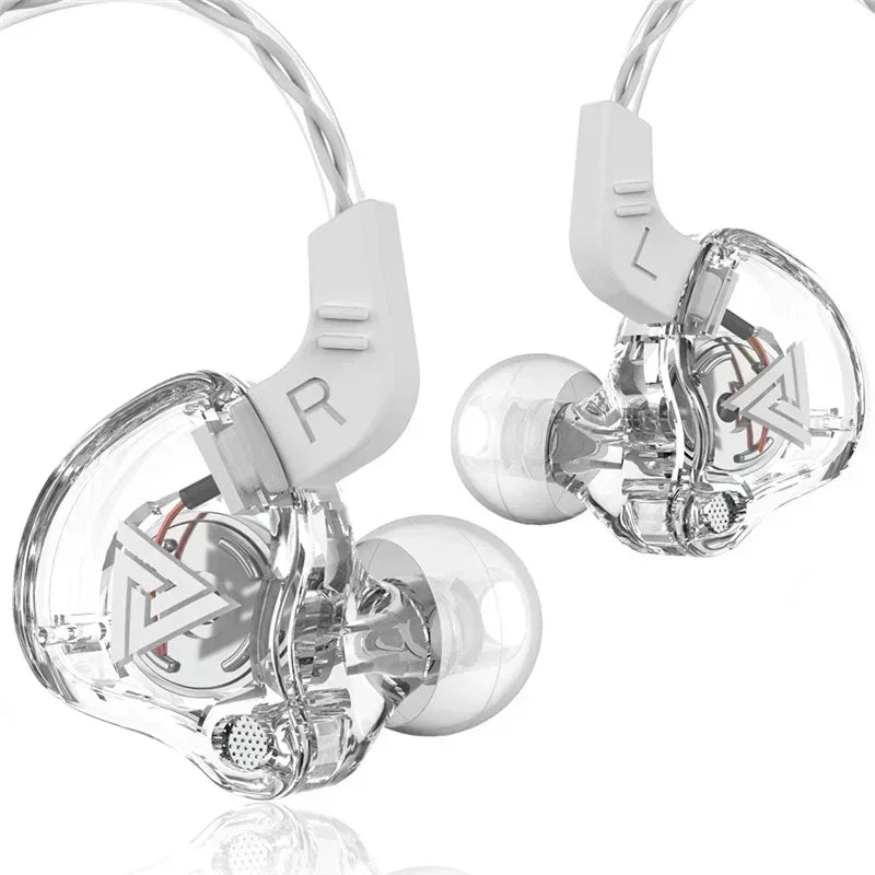 Clear transparent vikefon qkz ak6 in ear earphones with silver dynamic driver unit and white mic stereo sports ear hooks