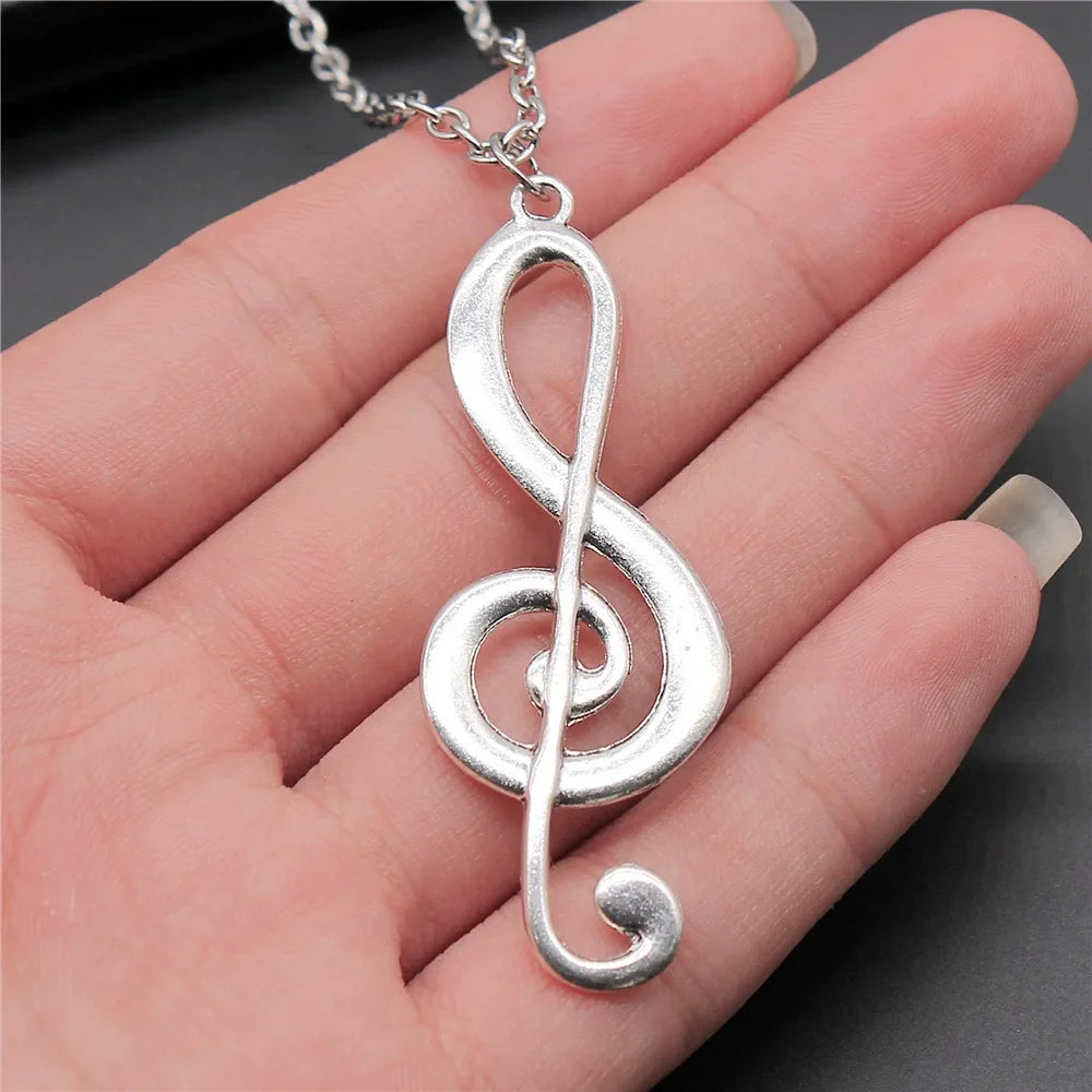 Silver plated 61x22mm vintage antique silver musical note pendant necklace with delicate chain for women and men