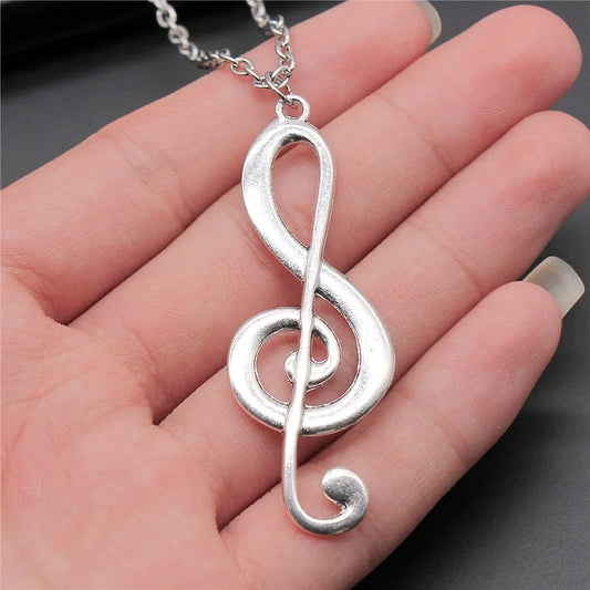 Silver plated 61x22mm vintage antique silver musical note pendant necklace with delicate chain for women and men