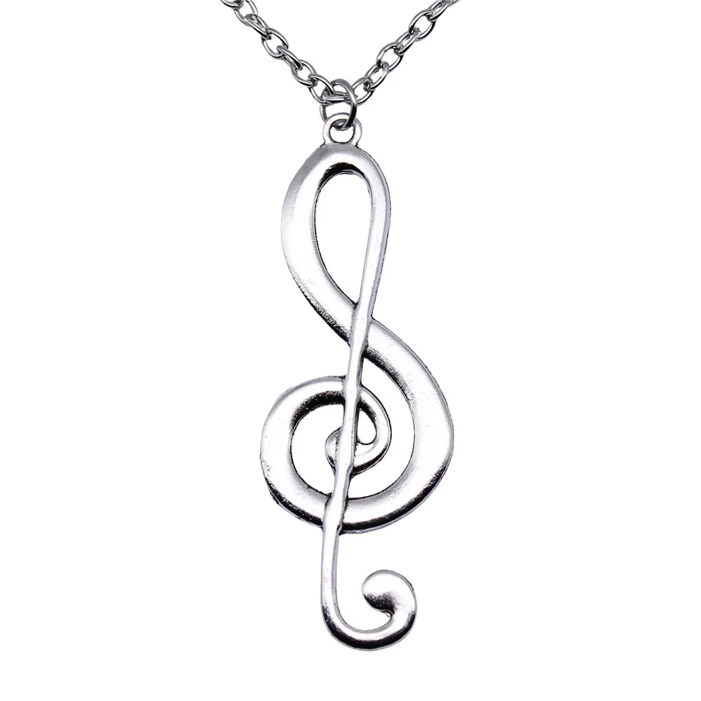 Silver plated 61x22mm vintage antique silver musical note pendant necklace with polished treble clef design on long chain