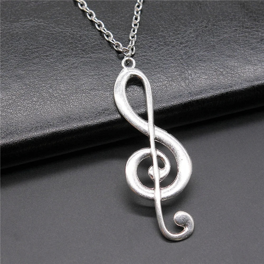 Silver plated 61x22mm vintage antique silver musical note pendant necklace with delicate chain for women and men