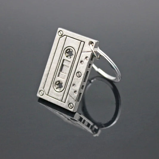 Silver metal vintage audiotape keychain with embossed details and small ring hipster cool personality pendant gift