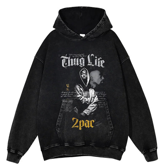 Vintage black hoodie featuring a faded 2pac graphic and thug lie text in white gothic font with gold lettering on front, harajuku oversize hoodie washed sweatshirt street wear style