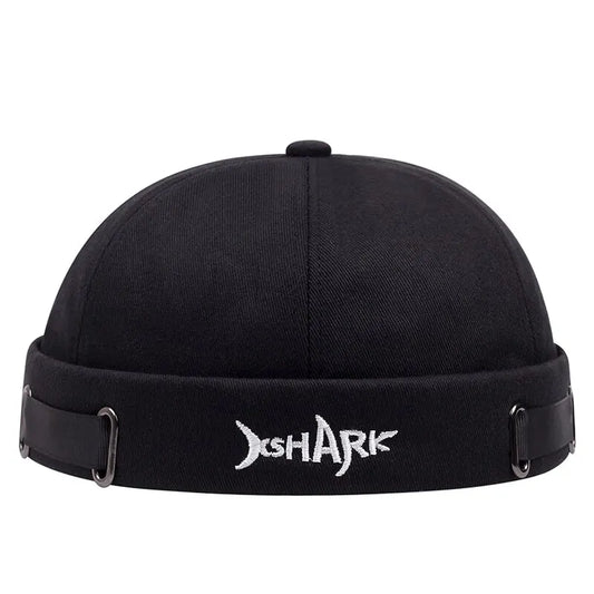 Black denim vintage brimless hat with white embroidered xshark logo breathable shark beanie adjustable docker cap