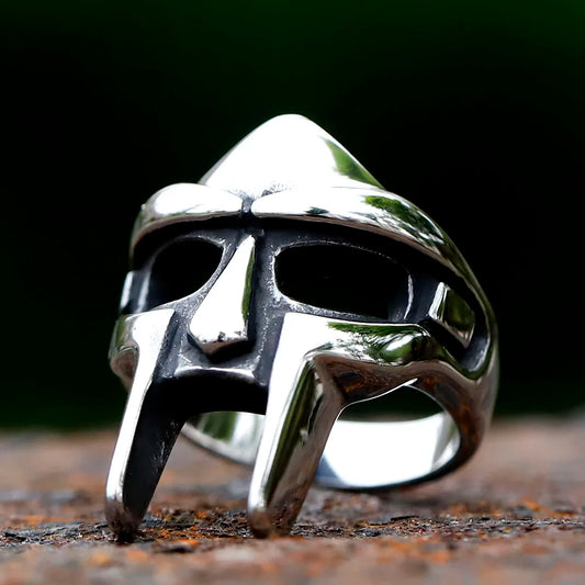 Shiny silver stainless steel vintage classic goth spartan helmet doom mask ring with bold detailed boys punk egyptian design