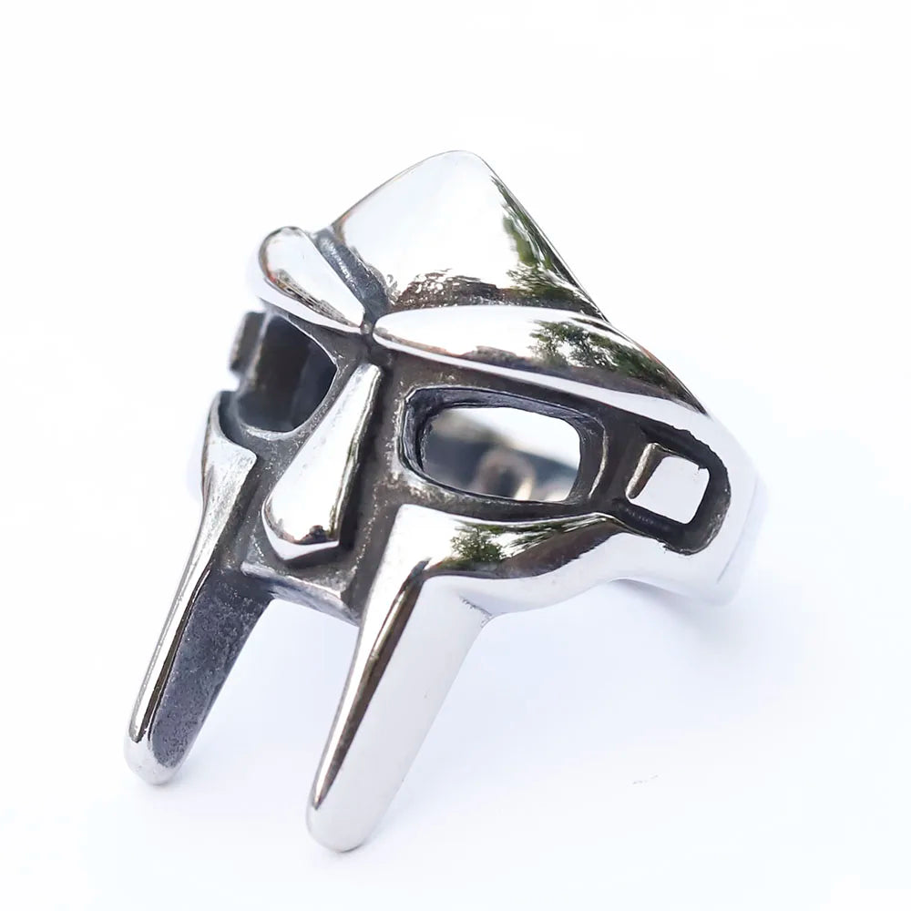 Stainless steel vintage classic goth doom mask ring with angular blackened accents for boys punk Egyptian style