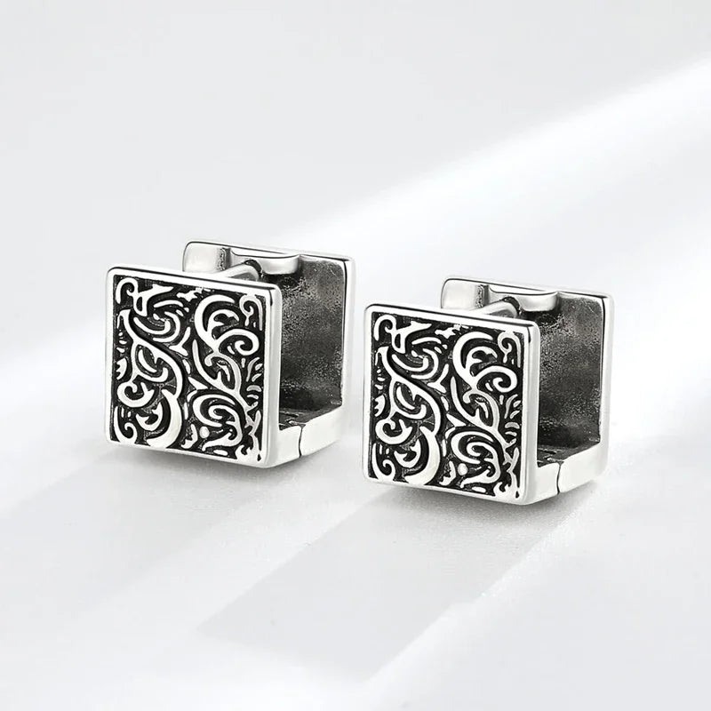 Silver square cufflinks with intricate black scrollwork design for vintage ethnic thai hoop huggie earrings style