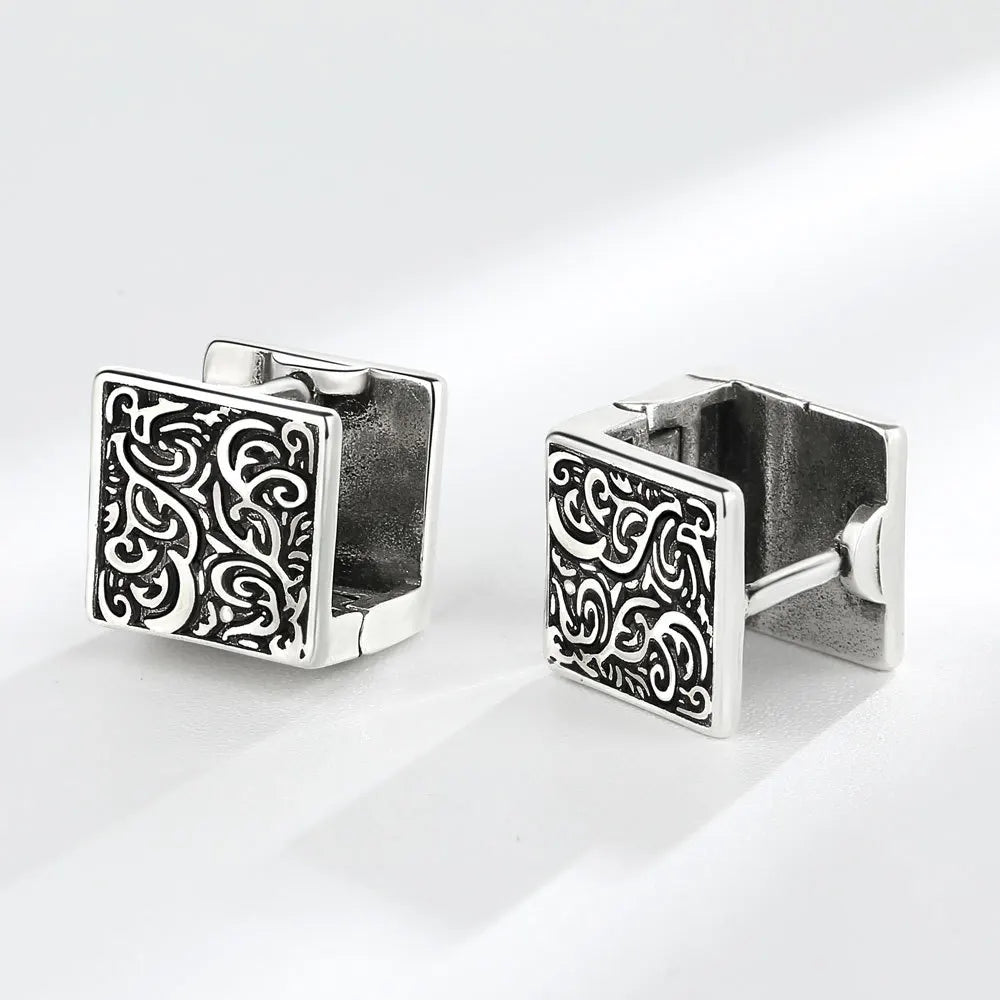 Vintage ethnic thai silver square hoop cufflinks featuring intricate black scrollwork design for chic jewelry styles