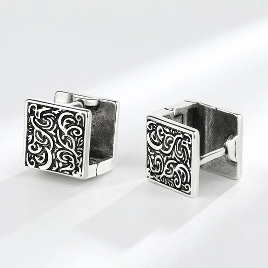 Vintage ethnic thai silver square hoop cufflinks featuring intricate black scrollwork design for chic jewelry styles