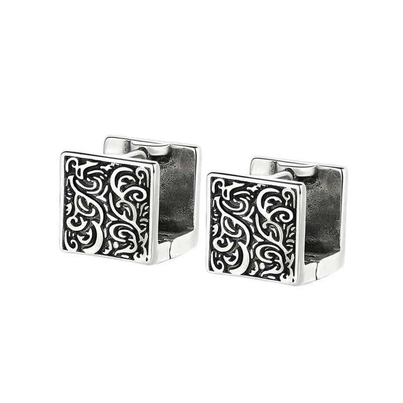 Silver square cufflinks with intricate black scrollwork showcasing vintage ethnic thai design and silver square hoop style